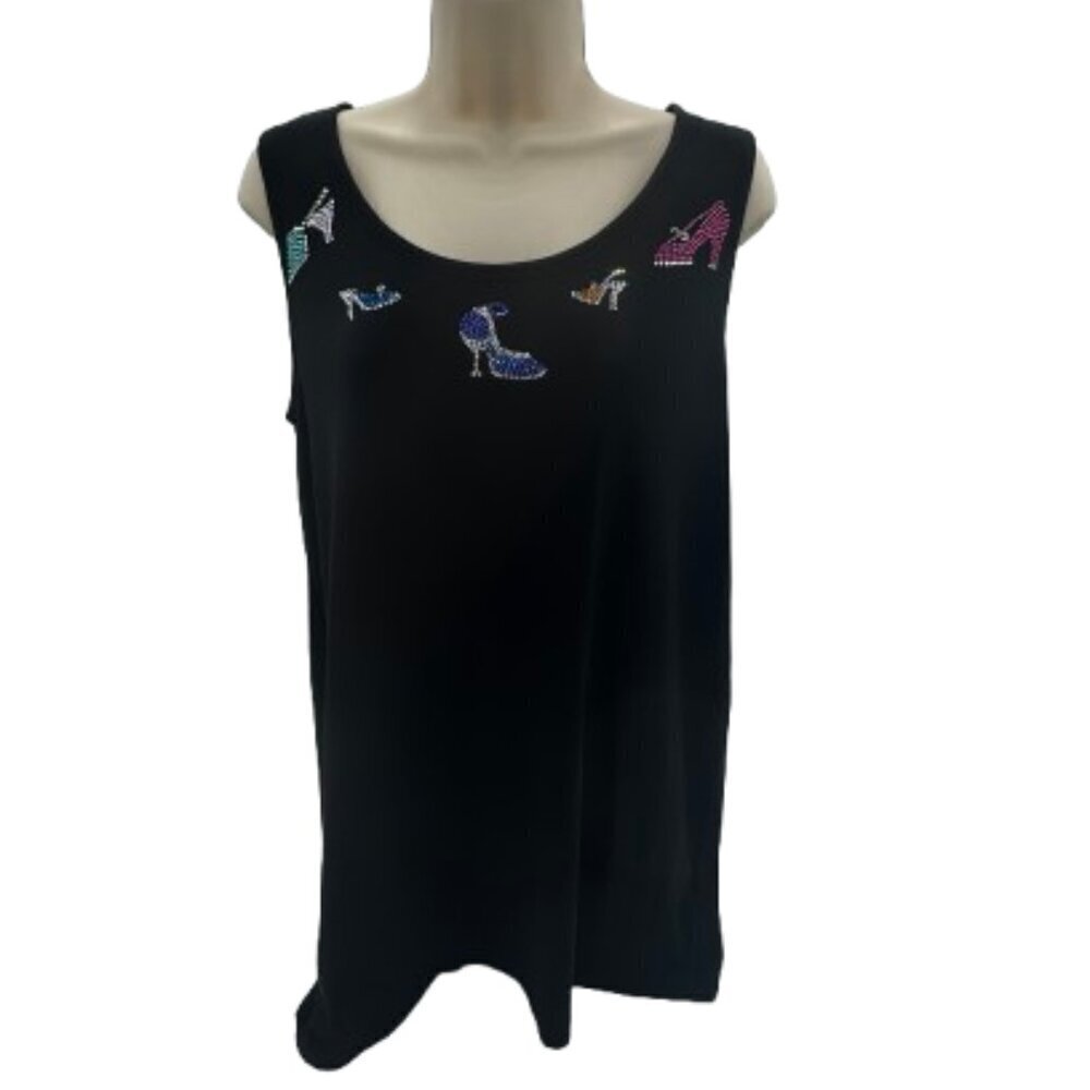 Eileen Fisher Silk Black Sleeveless Boat/Scoop Neck with Rhinestones Size Small